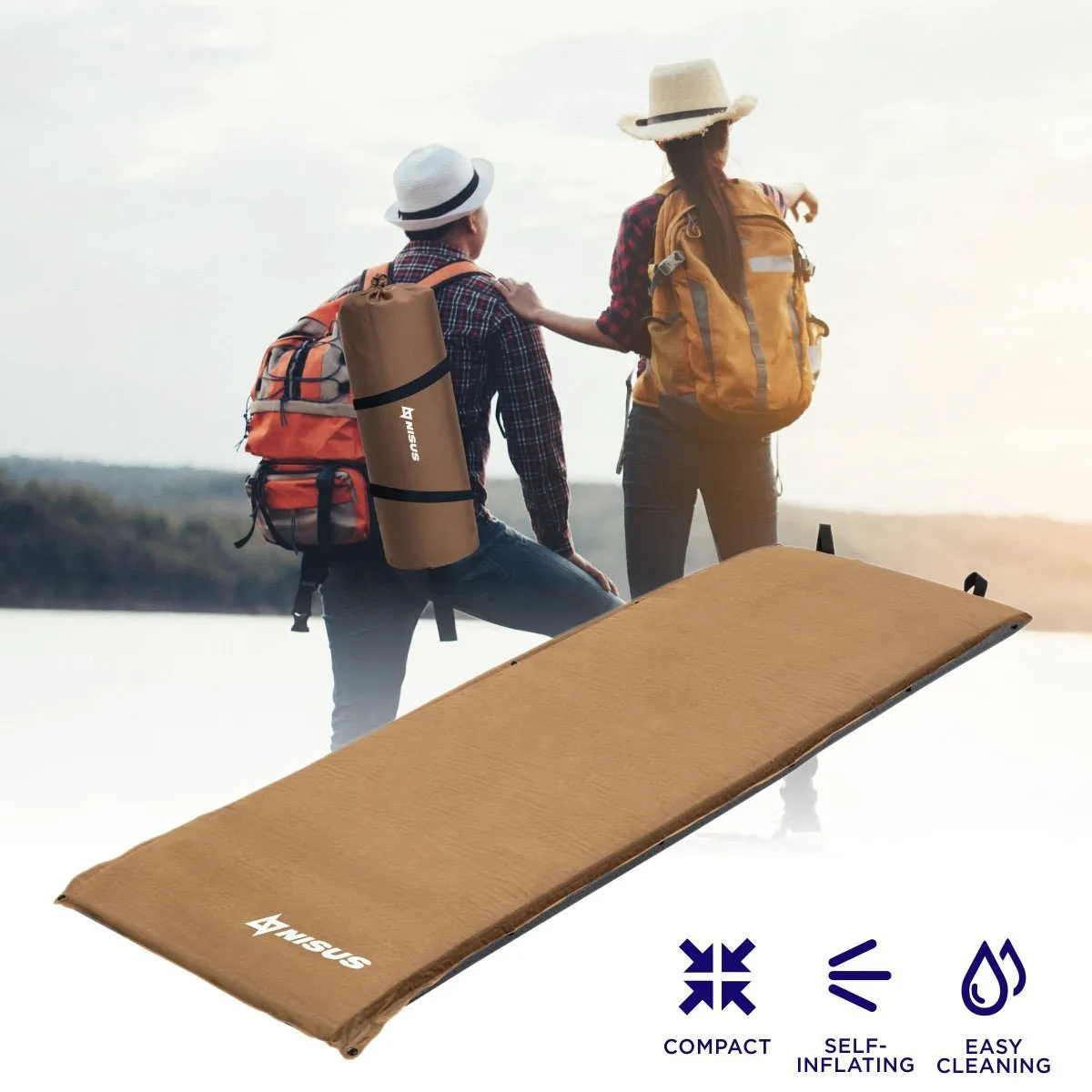 2.5-inch Lightweight Self Inflating Camping Sleeping Pad, Beige