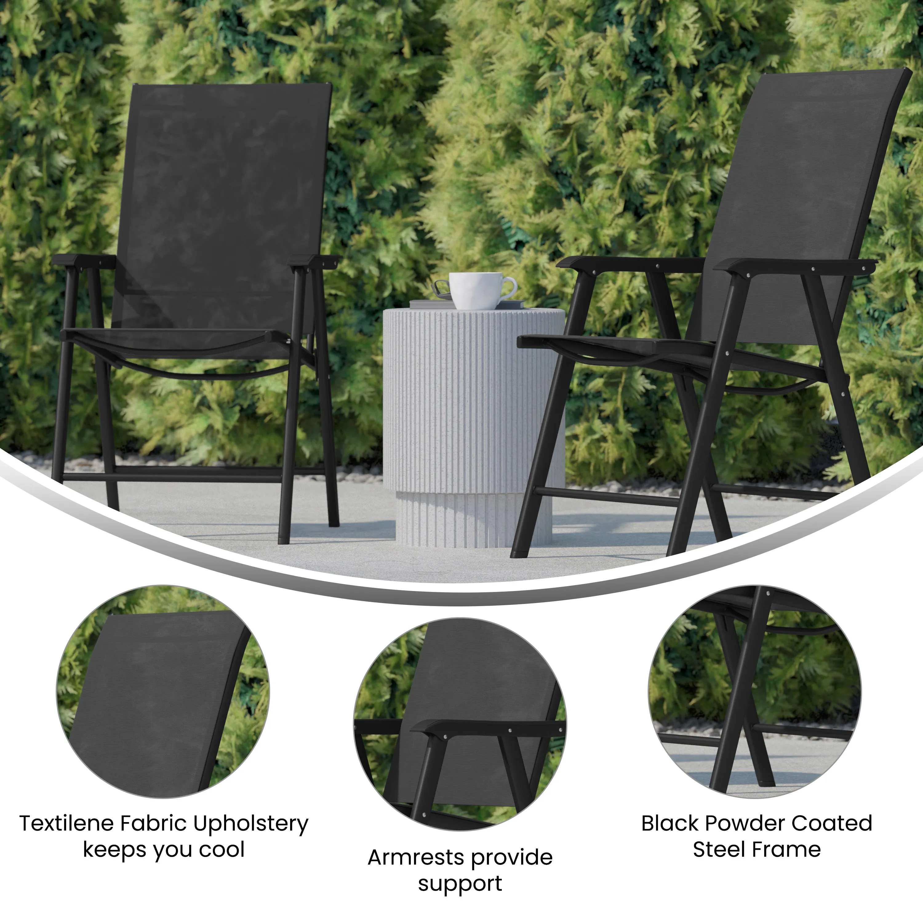 2PK BK/BK Folding Patio Chair 2-TLH-SC-044-BKBK-GG