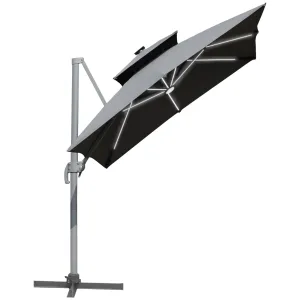 3m Cantilever Parasol, Outdoor Offset Patio Umbrella, Solar LED Lighted Hanging Sun Shade Canopy w/ Tilt and Crank Handle, Cross Base, Grey