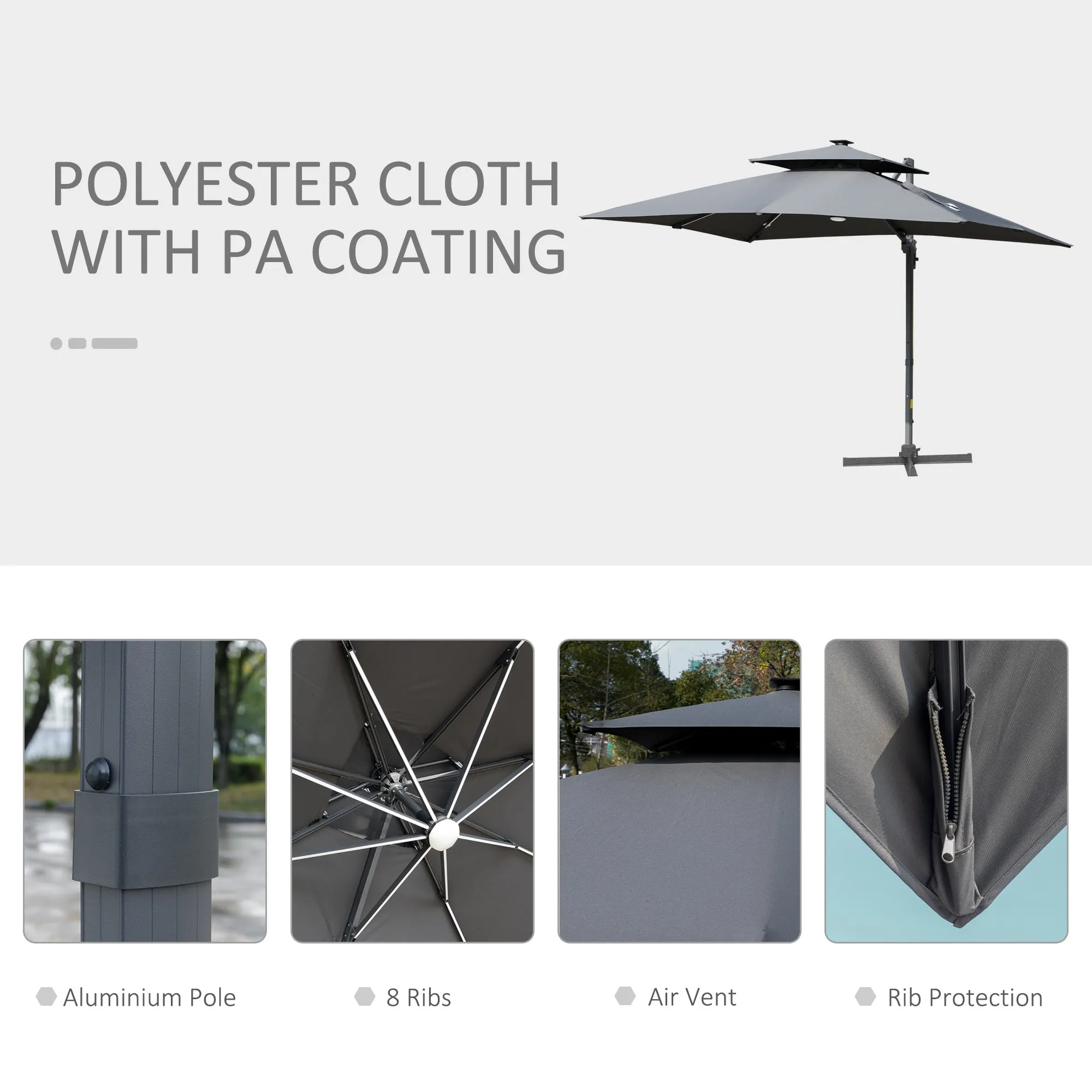 3m Cantilever Parasol, Outdoor Offset Patio Umbrella, Solar LED Lighted Hanging Sun Shade Canopy w/ Tilt and Crank Handle, Cross Base, Grey