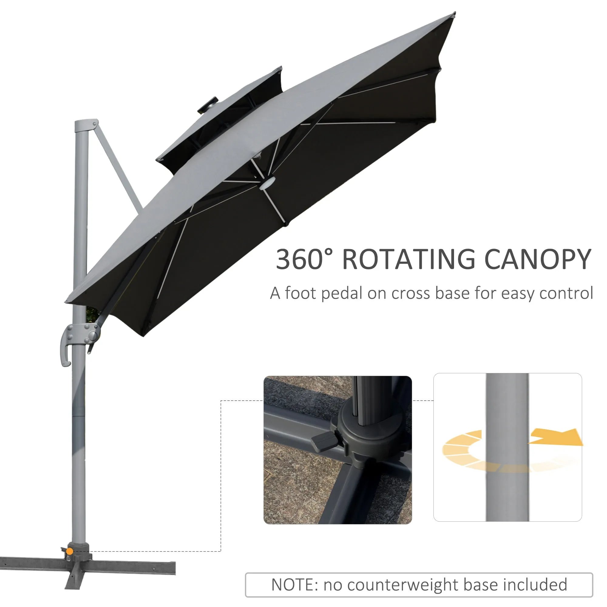 3m Cantilever Parasol, Outdoor Offset Patio Umbrella, Solar LED Lighted Hanging Sun Shade Canopy w/ Tilt and Crank Handle, Cross Base, Grey