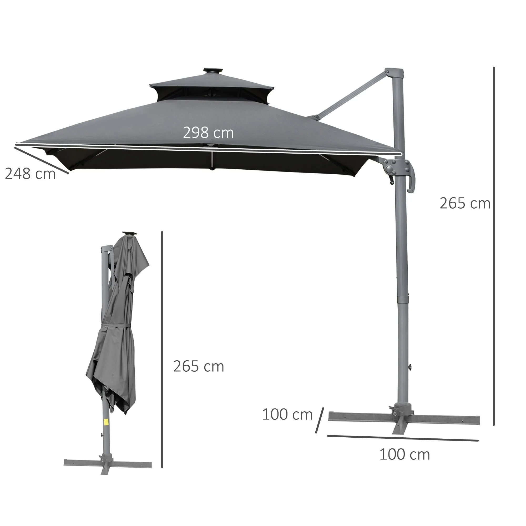 3m Cantilever Parasol, Outdoor Offset Patio Umbrella, Solar LED Lighted Hanging Sun Shade Canopy w/ Tilt and Crank Handle, Cross Base, Grey