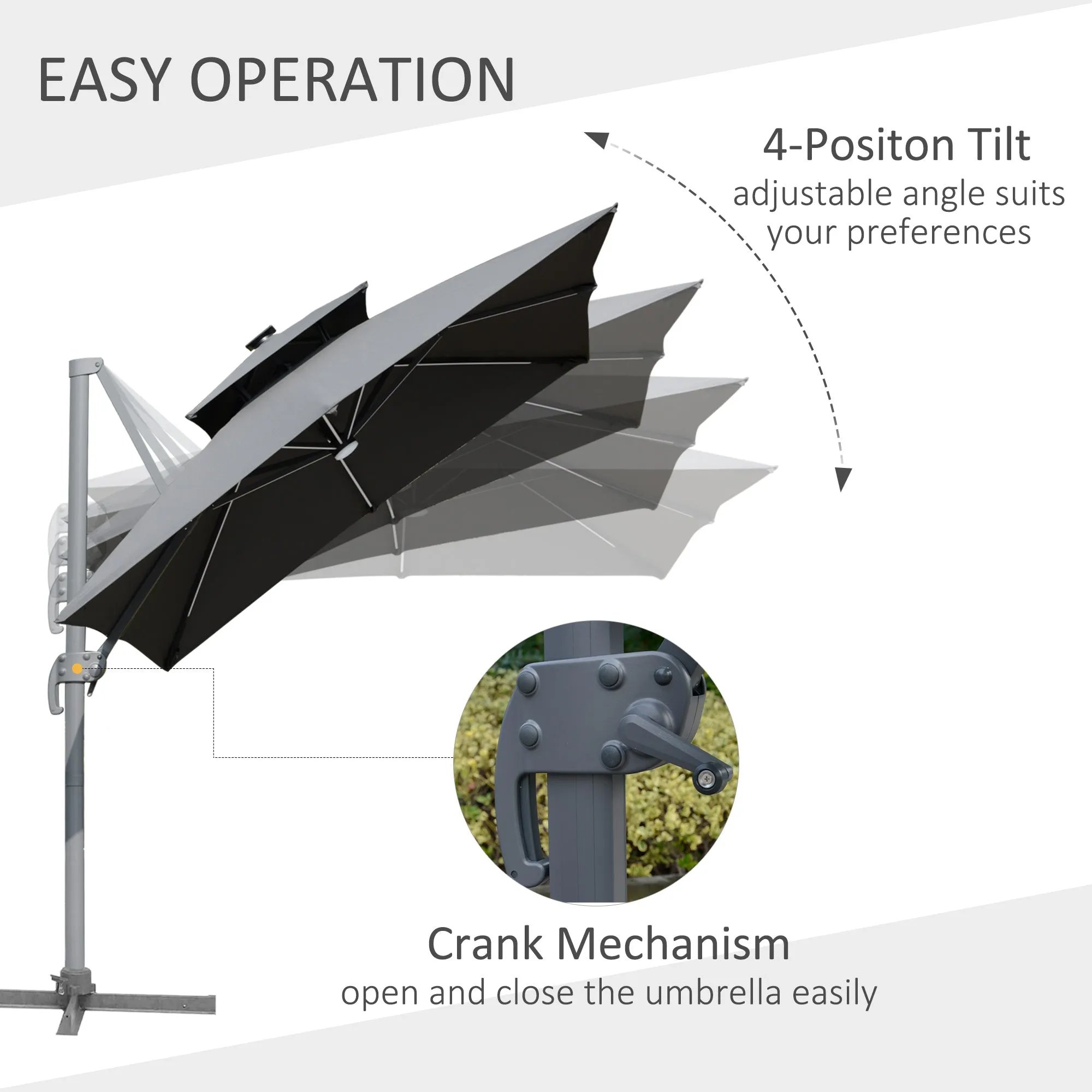 3m Cantilever Parasol, Outdoor Offset Patio Umbrella, Solar LED Lighted Hanging Sun Shade Canopy w/ Tilt and Crank Handle, Cross Base, Grey