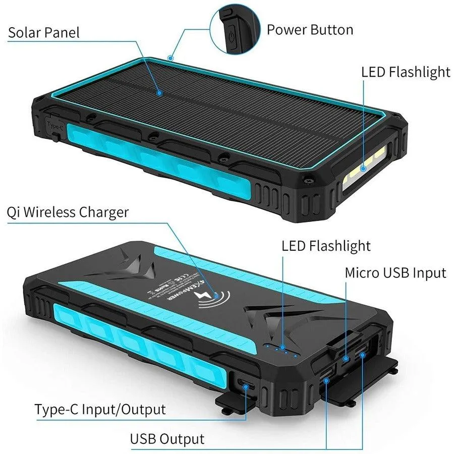 4XEM 20,000 maH Mobile Solar Power Bank and Charger (Blue) 4XSOLARPWRBL