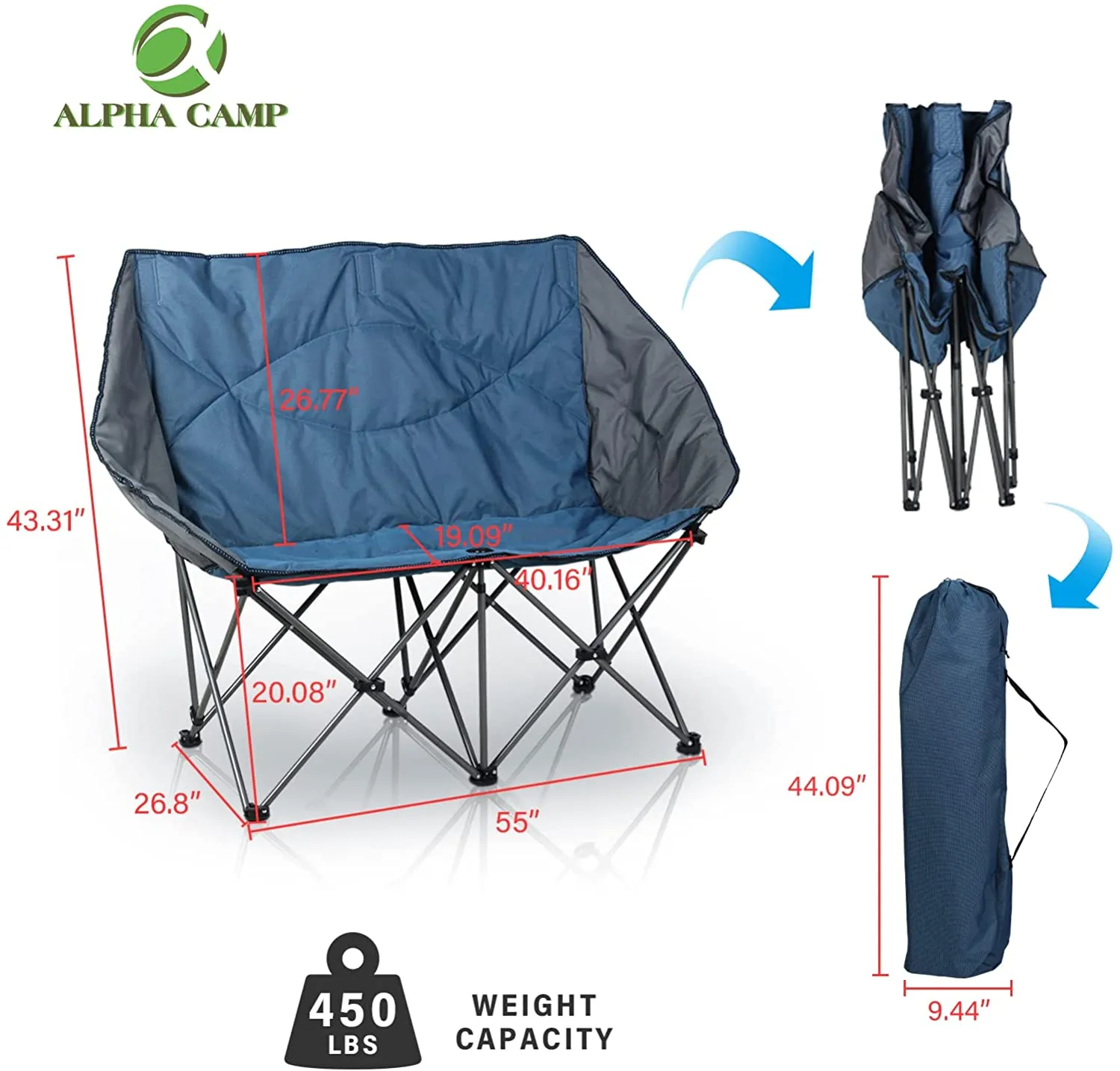 ALPHA CAMP Camping Chair Double Folding Chair Oversized Loveseat Chair