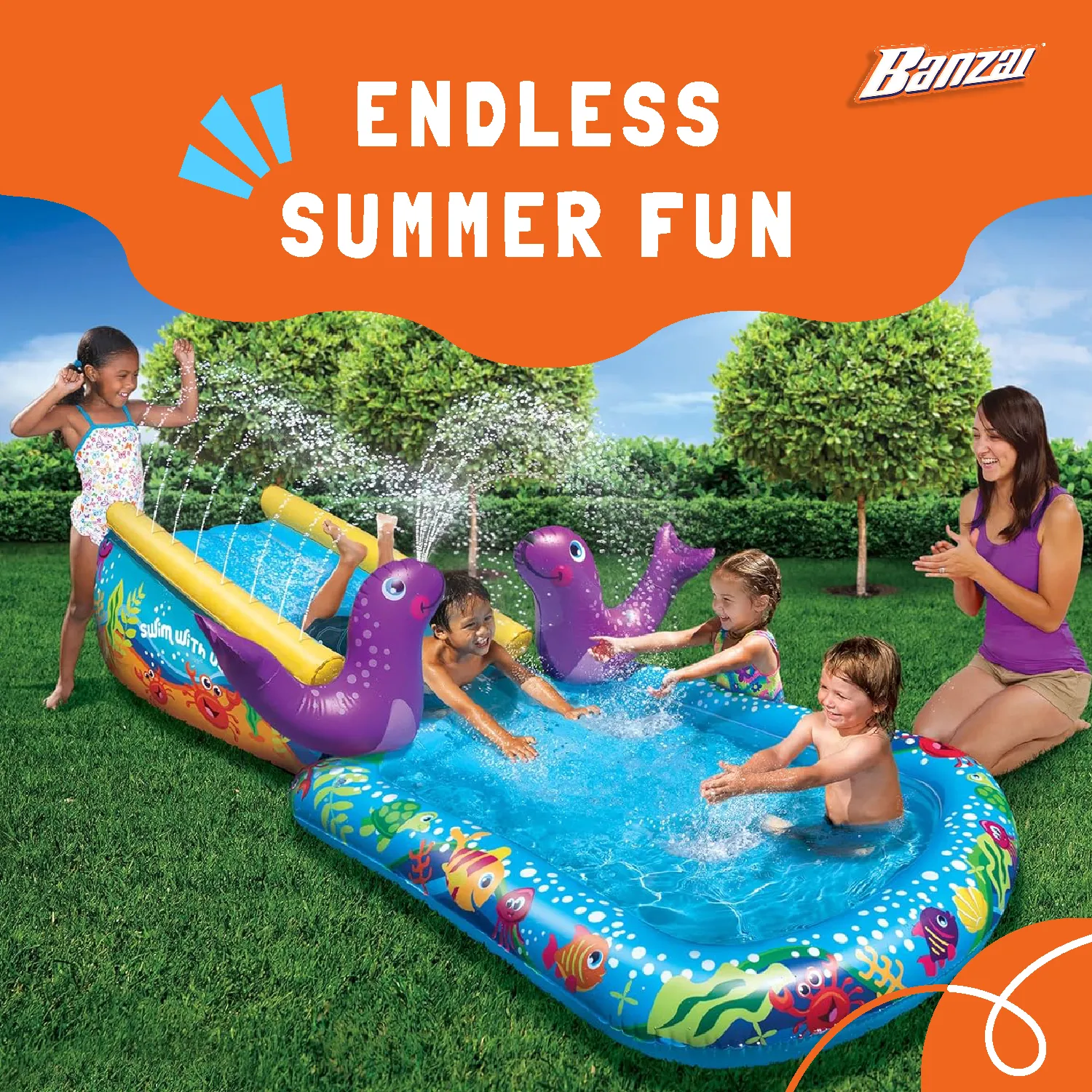 Banzai Inflatable Outdoor My First Water Slide & Splash Pool with Seal Sprinkler