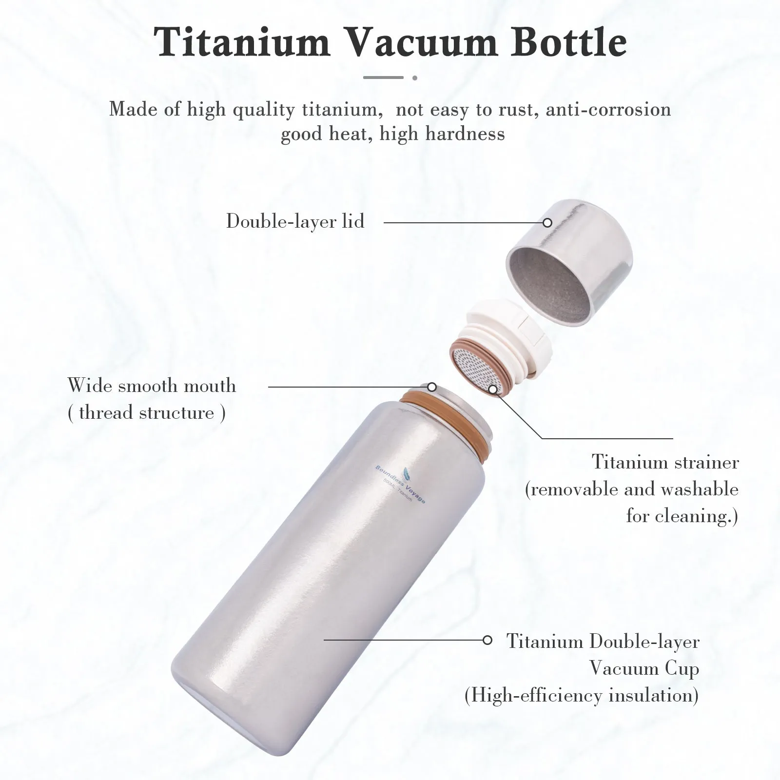 Boundless Voyage 500ml Titanium Bottle with Lid Double-Walled Insulated Water Bottle Keeps Hot or Cold