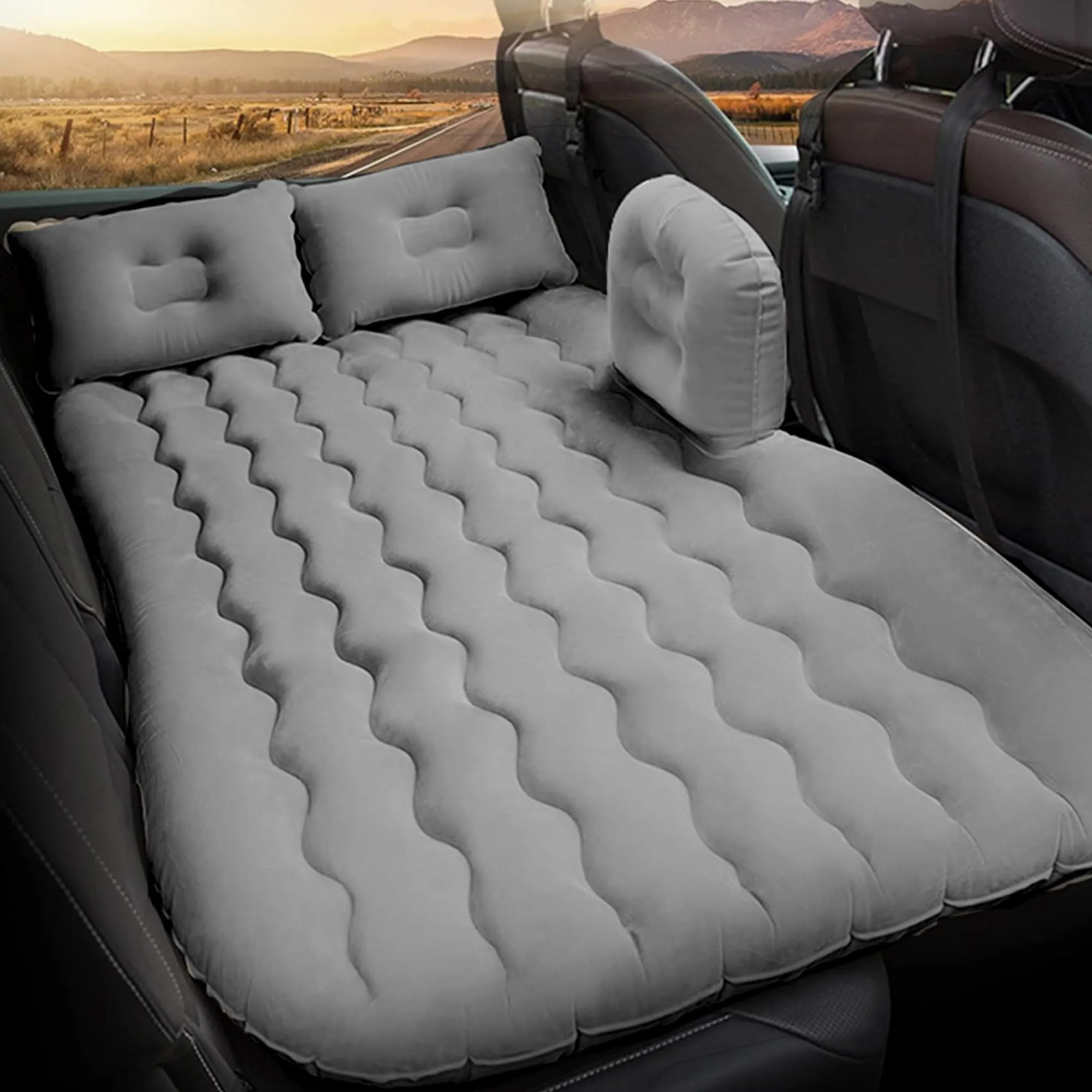 CARBINIC Inflatable Car Bed for Back Seat | PVC Car Bed for Kids, Adults | Multifunctional Car Bed Mattress with Air Pump, 2 Air Pillows & Repair Kit | Universal Fit Car Accessories | Grey (135x80 CM)