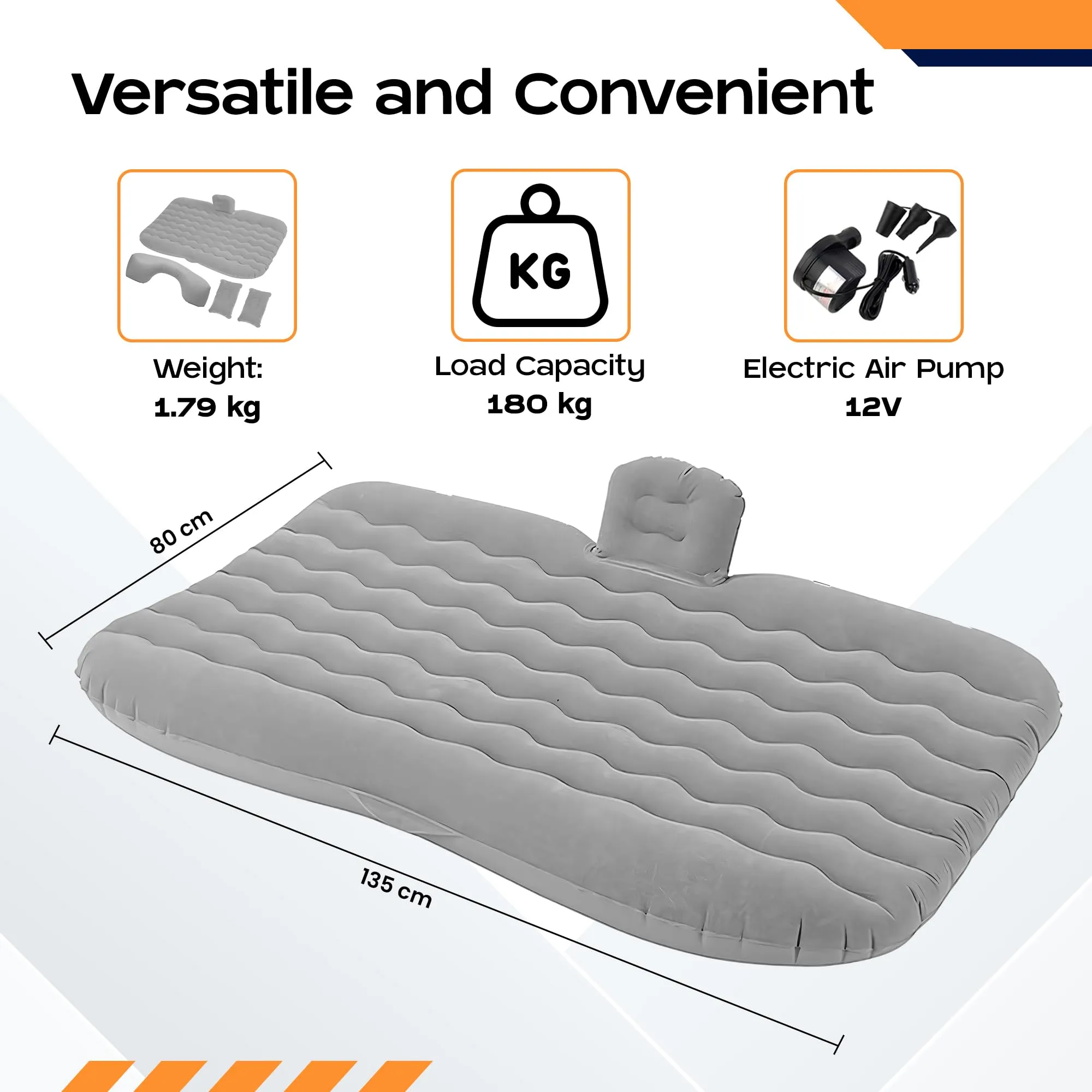 CARBINIC Inflatable Car Bed for Back Seat | PVC Car Bed for Kids, Adults | Multifunctional Car Bed Mattress with Air Pump, 2 Air Pillows & Repair Kit | Universal Fit Car Accessories | Grey (135x80 CM)