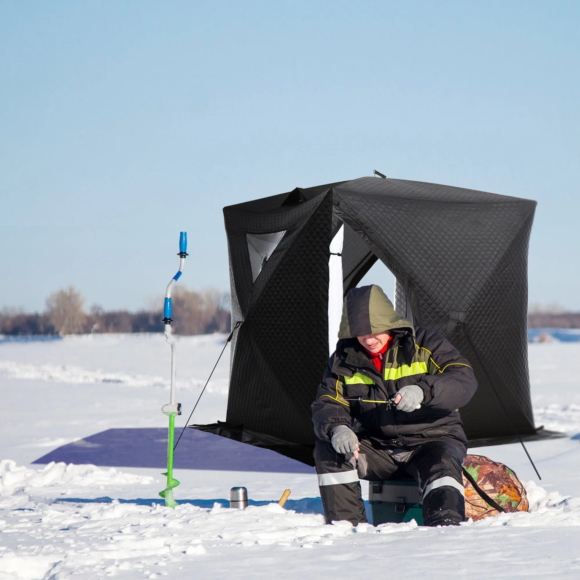 classic 2 Person Ice Fishing Shelter, Pop-up Ice Fishing Tent, Ice Shanty, Portable and Insulated, with 2 Doors and Carrying Bag, Black