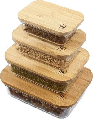 Glass Food Storage Containers with Eco-Friendly Bamboo Wooden Lids, Set of 4