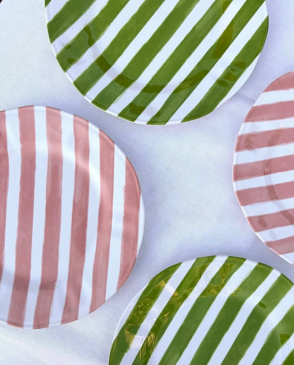 Green and Pink Striped Melamine Dinner Plates Set of 4