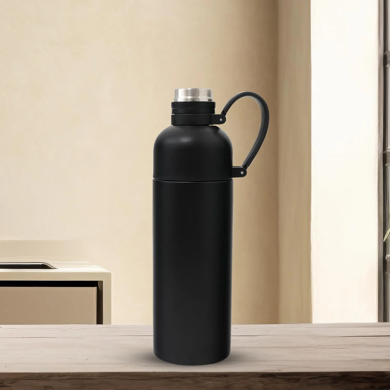 Heart Home Vacuum Insulated Water Bottle | Stainless Steel Sipper Bottle with Handle | Hot & Cold Water Bottle | Leakproof, BPA Free, Rustproof | 500 ML | Black