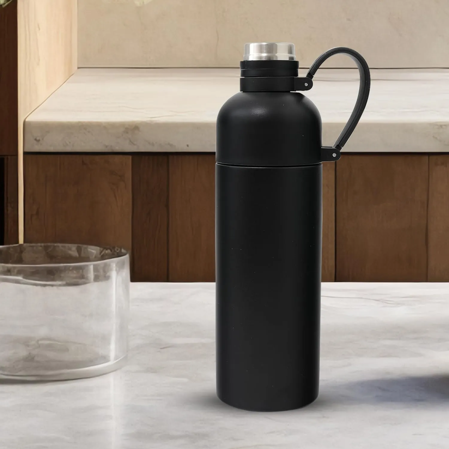 Heart Home Vacuum Insulated Water Bottle | Stainless Steel Sipper Bottle with Handle | Hot & Cold Water Bottle | Leakproof, BPA Free, Rustproof | 500 ML | Black