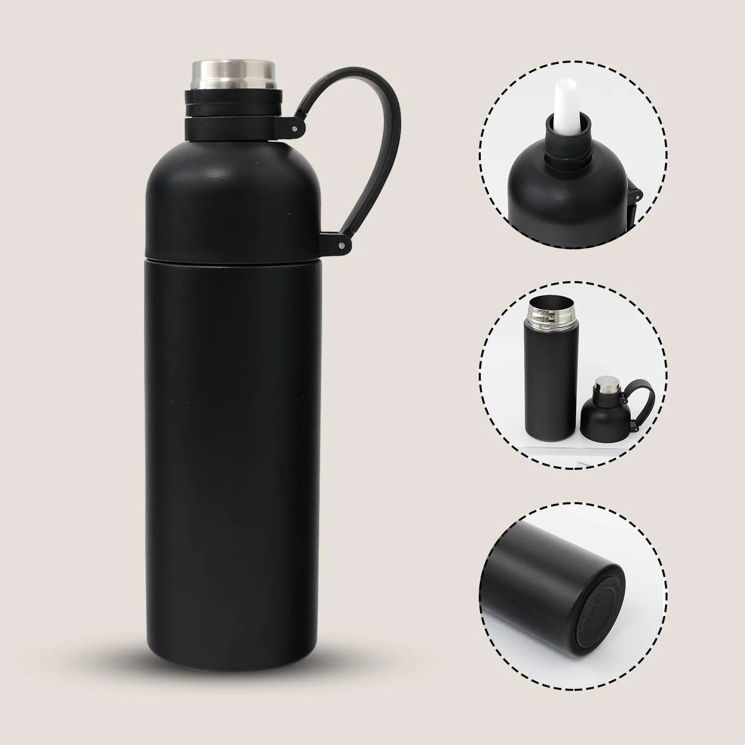 Heart Home Vacuum Insulated Water Bottle | Stainless Steel Sipper Bottle with Handle | Hot & Cold Water Bottle | Leakproof, BPA Free, Rustproof | 500 ML | Black