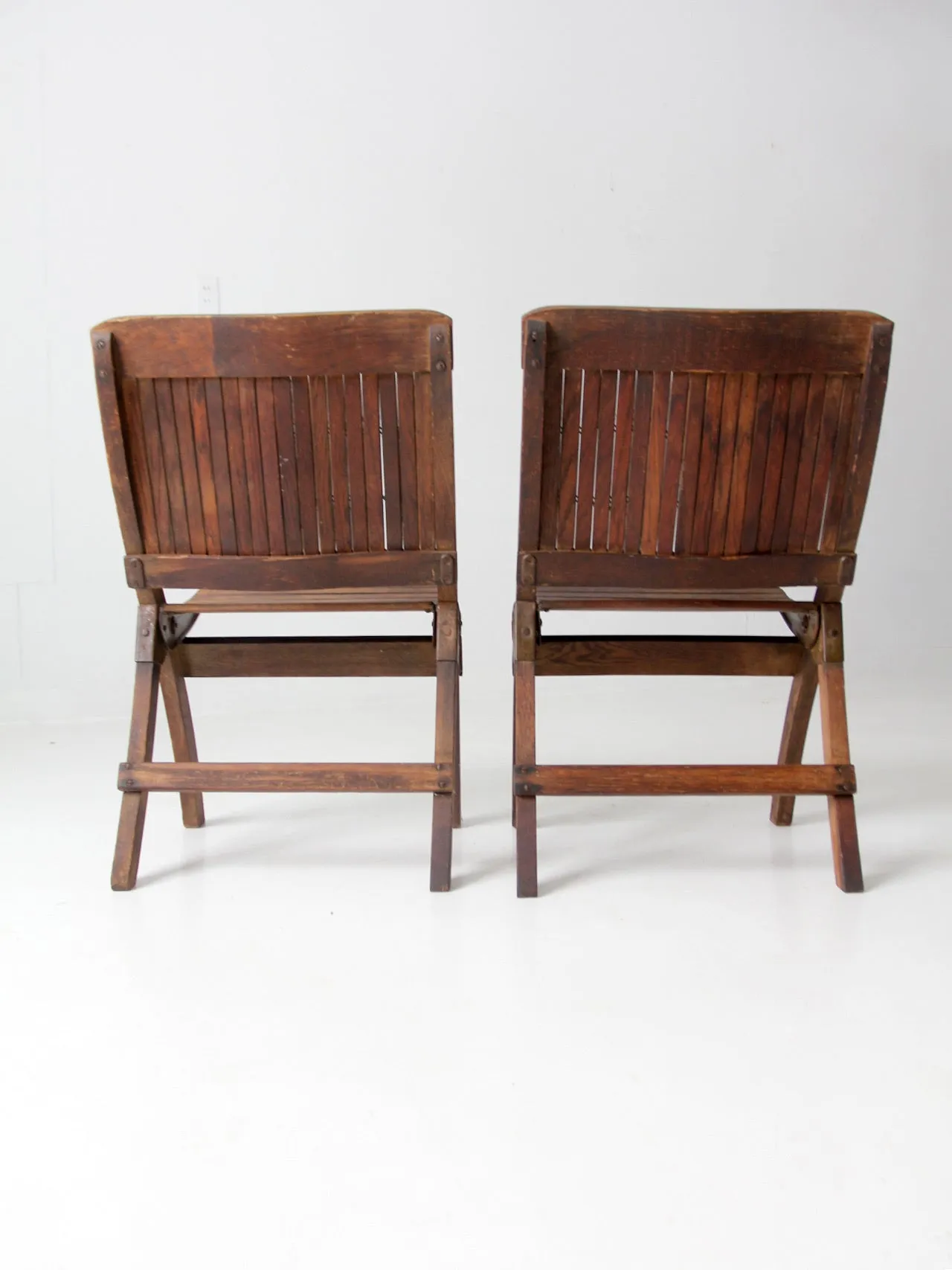 mid-century slat wood folding chairs pair