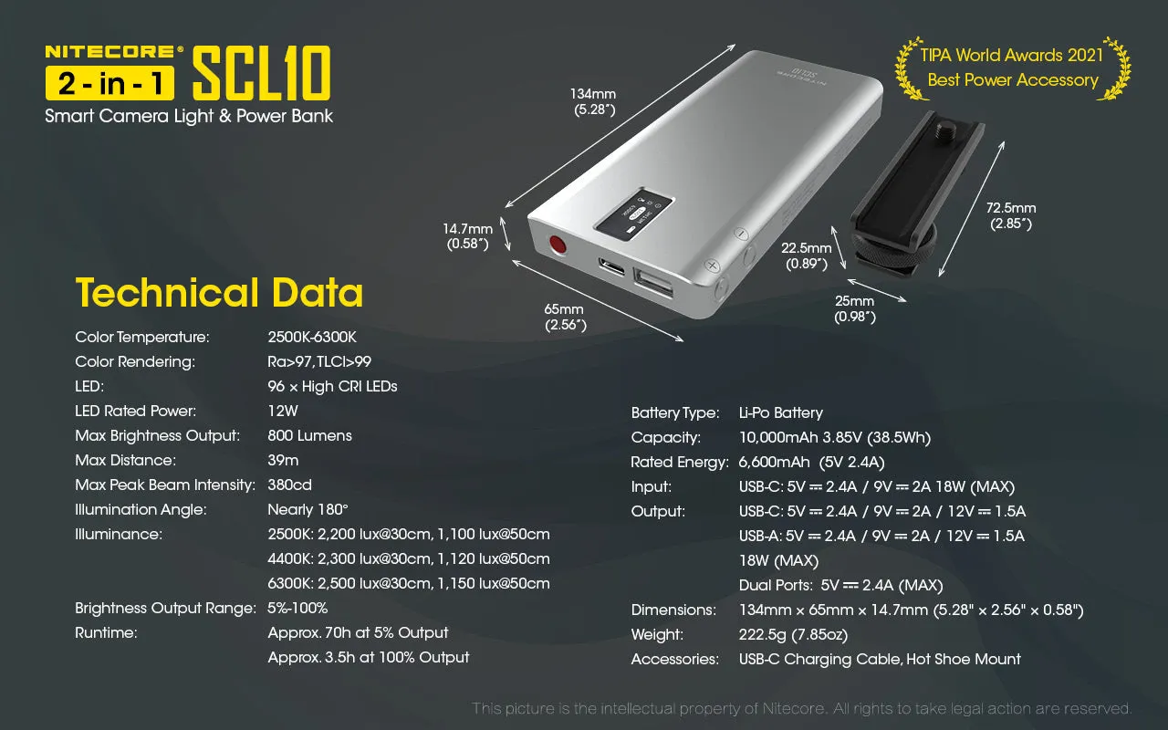 Nitecore SCL10 2 in 1 Smart Camera Light and Power Bank