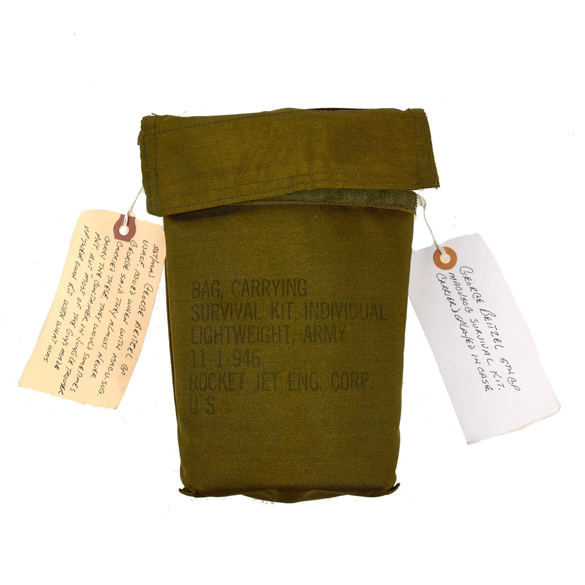 Original U.S. Vietnam War Rare 1 of Only 100 Issued Experimental “Holster Survival Kit, Individual” Issued To Sgt Maj George Beitzel, MACV-SOG - Complete, Sealed