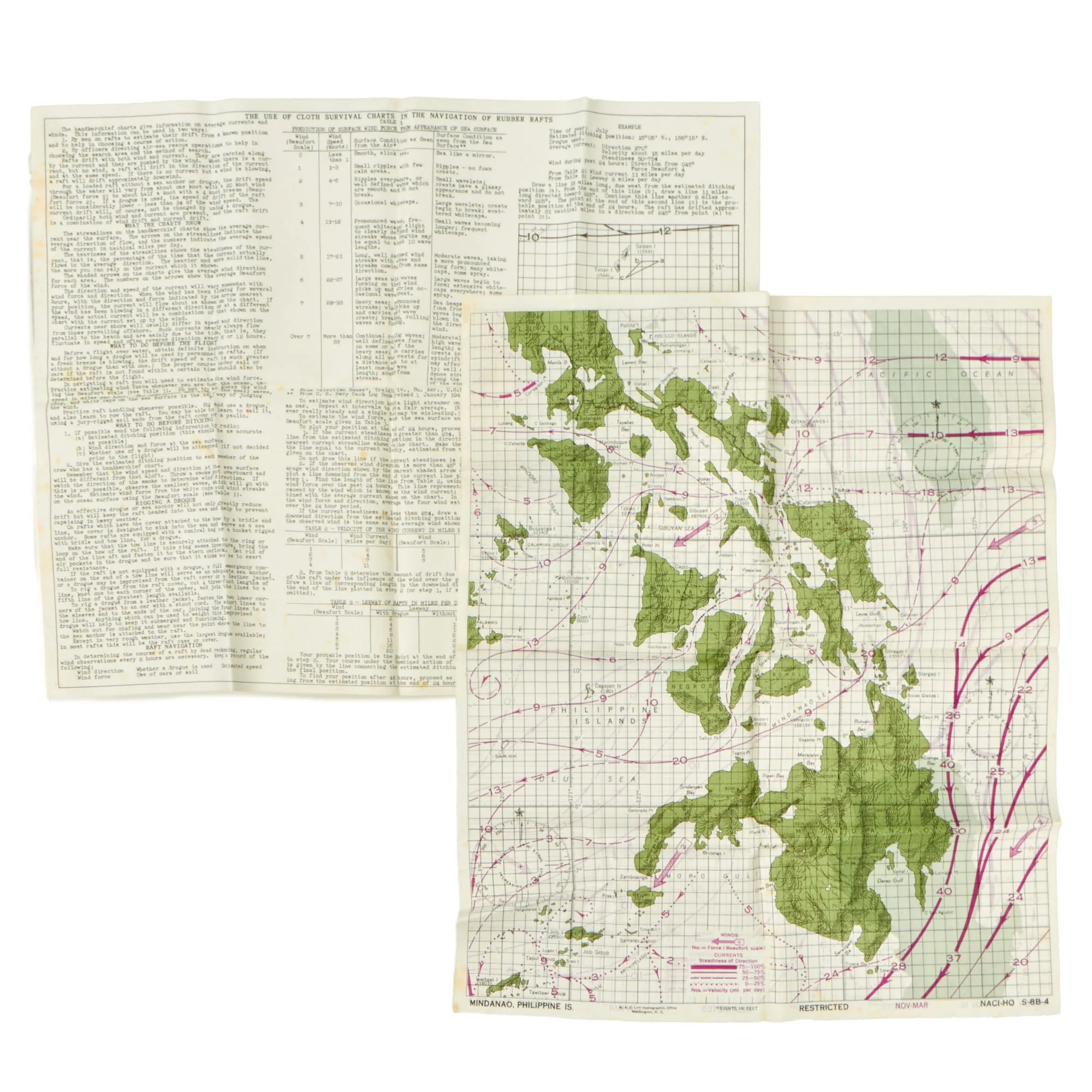 Original U.S. WWII U.S. Navy Silk Lifeboat Survival Double-Sided Map Set - Philippine Islands and Taiwan & Instruction Sheet