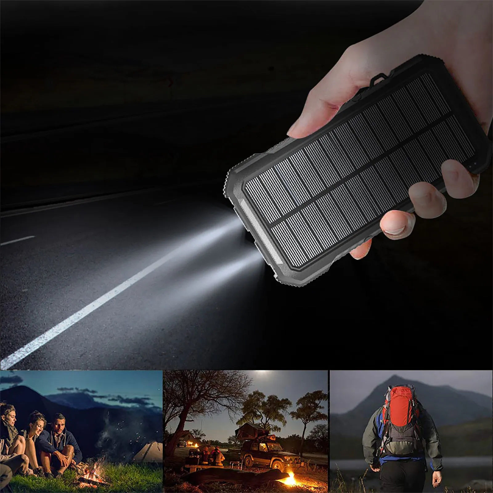 Outdoor Waterproof Power Bank 20000mAh With Solar Panel USB Charging Port LED Torch SOS Function