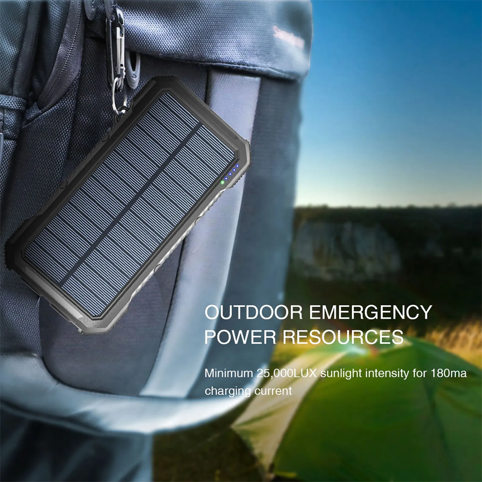 Outdoor Waterproof Power Bank 20000mAh With Solar Panel USB Charging Port LED Torch SOS Function