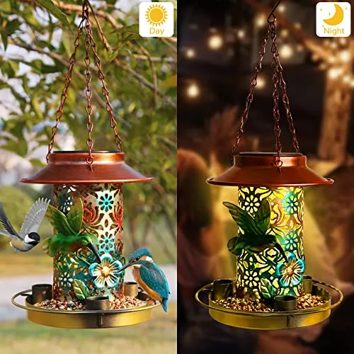 PENXUA Solar Bird Feeder for Outdoors Hunging, Gifts for Mom Grandma Women, Metal Waterproof Outside Wild Bird Feeders,Cardinals Feeders, Gifts for Bird Lovers, Lantern Light, Garden Decoration