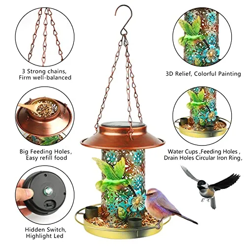 PENXUA Solar Bird Feeder for Outdoors Hunging, Gifts for Mom Grandma Women, Metal Waterproof Outside Wild Bird Feeders,Cardinals Feeders, Gifts for Bird Lovers, Lantern Light, Garden Decoration