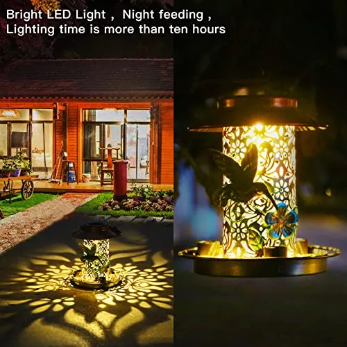 PENXUA Solar Bird Feeder for Outdoors Hunging, Gifts for Mom Grandma Women, Metal Waterproof Outside Wild Bird Feeders,Cardinals Feeders, Gifts for Bird Lovers, Lantern Light, Garden Decoration