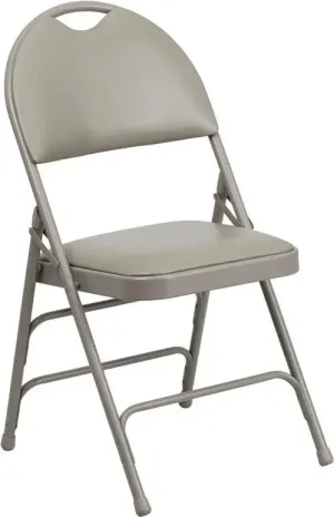 Rivera Metal Folding Chair, Grey Vinyl Seat w/Carrying Handle Cutout Back