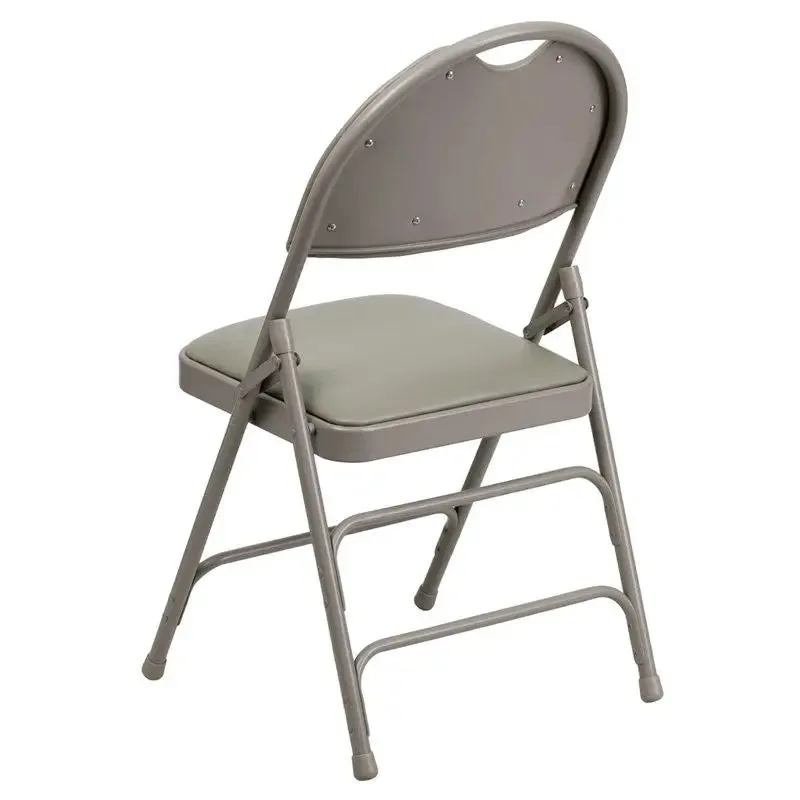 Rivera Metal Folding Chair, Grey Vinyl Seat w/Carrying Handle Cutout Back