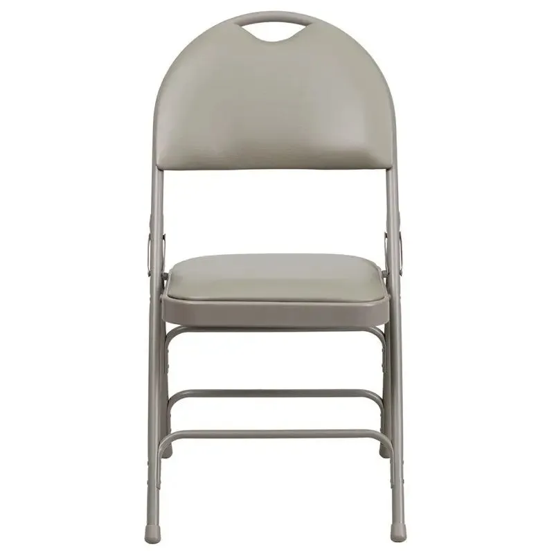 Rivera Metal Folding Chair, Grey Vinyl Seat w/Carrying Handle Cutout Back