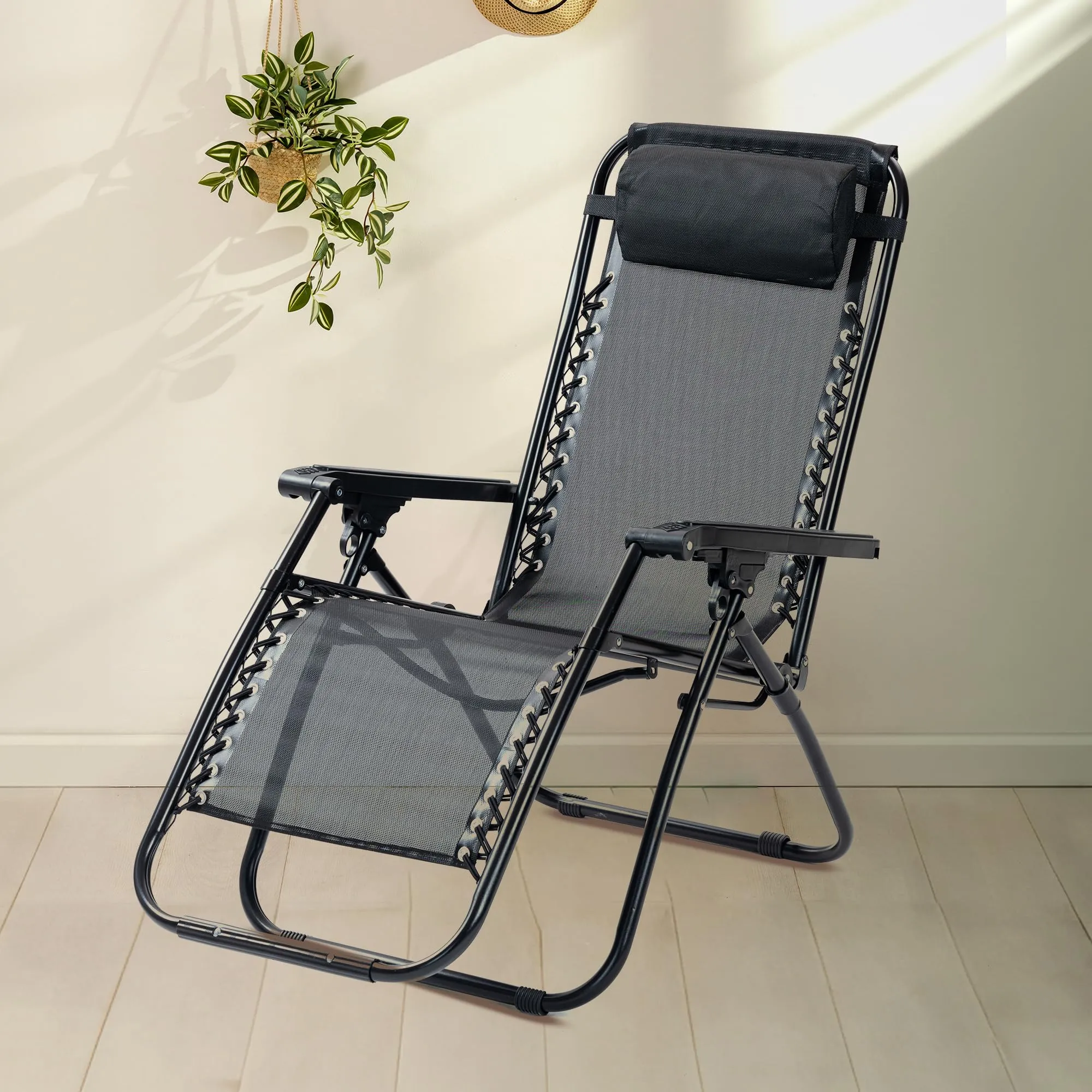 SAVYA HOME Folding Chair for Home-90X66X108CM/Recliner Chair/Camping Chair/Foldable Chairs for Home/Garden Chair/with Detachable Pillow/Lightweight Portable Chair/Weather-Resistant Fabric- Black