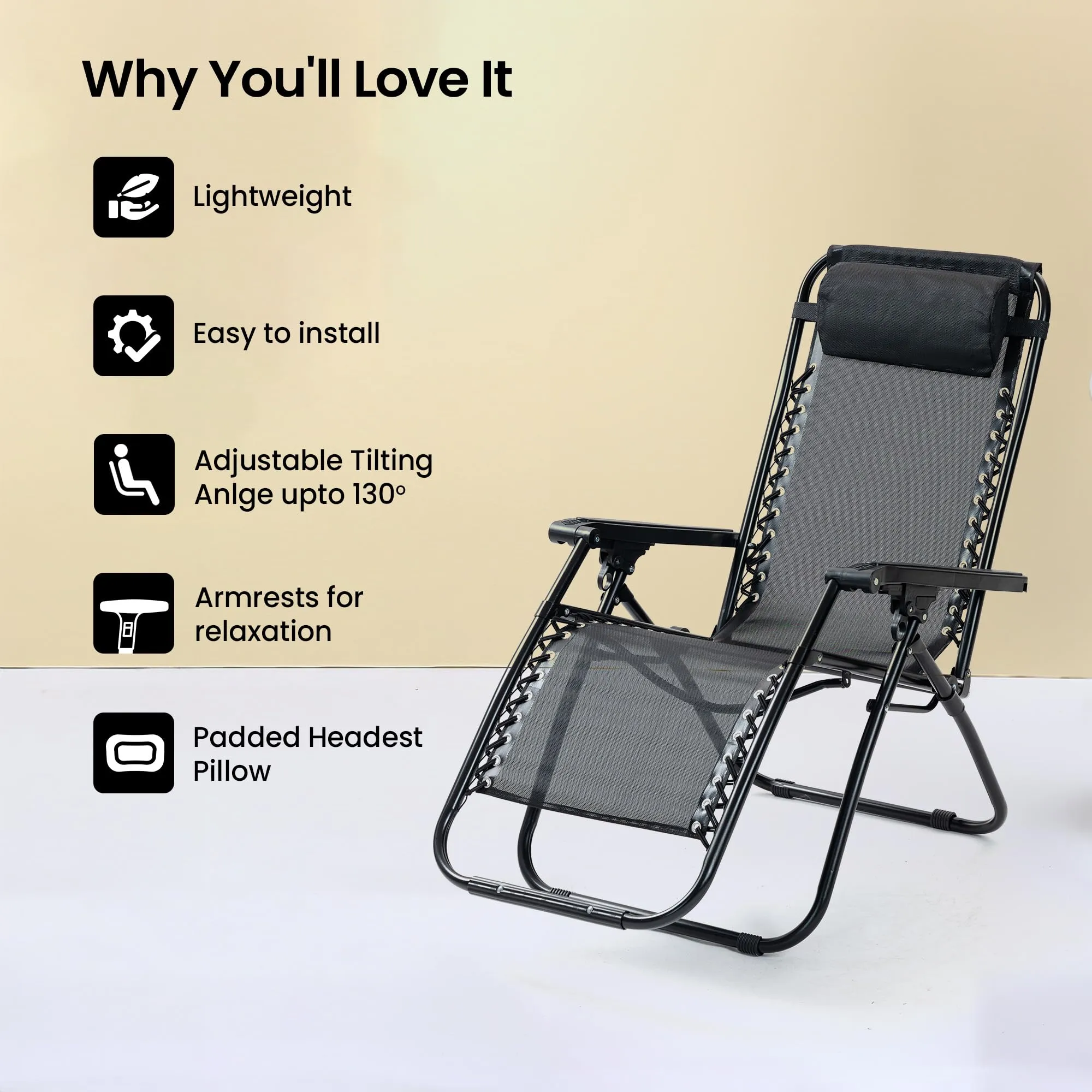 SAVYA HOME Folding Chair for Home-90X66X108CM/Recliner Chair/Camping Chair/Foldable Chairs for Home/Garden Chair/with Detachable Pillow/Lightweight Portable Chair/Weather-Resistant Fabric- Black