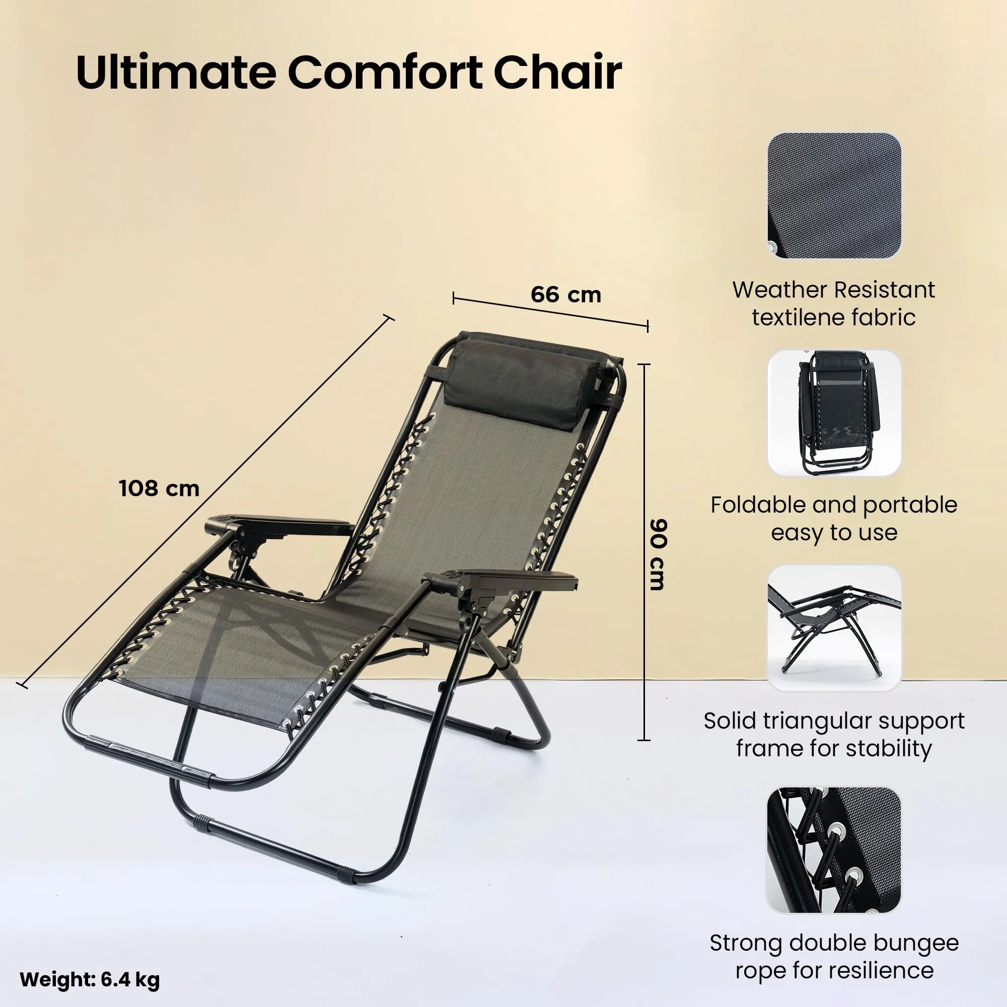 SAVYA HOME Folding Chair for Home-90X66X108CM/Recliner Chair/Camping Chair/Foldable Chairs for Home/Garden Chair/with Detachable Pillow/Lightweight Portable Chair/Weather-Resistant Fabric- Black