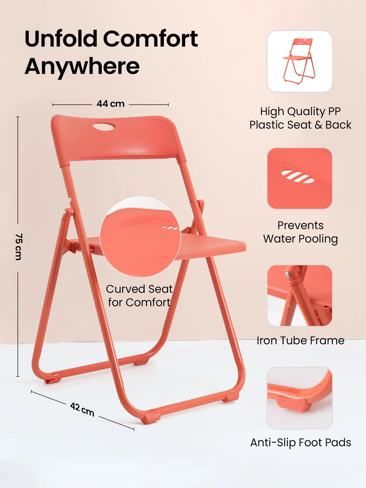 SAVYA HOME Folding Chair, Iron Frame & PP Plastic Seat, Sturdy & Lightweight Camping Chair, Study Chair with Anti-Slip Legs, Foldable Chair, Portable Chair for Kids, Aqua Blue (Orange)