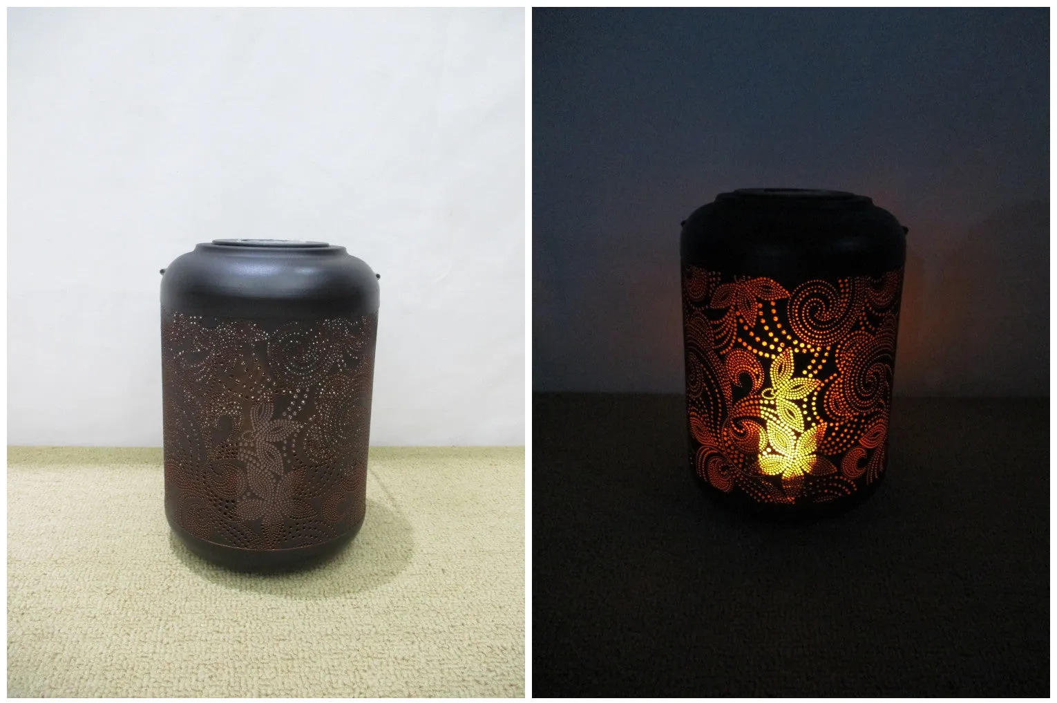 Solar Metal Lantern Light-9 inch Black and Orange Flower