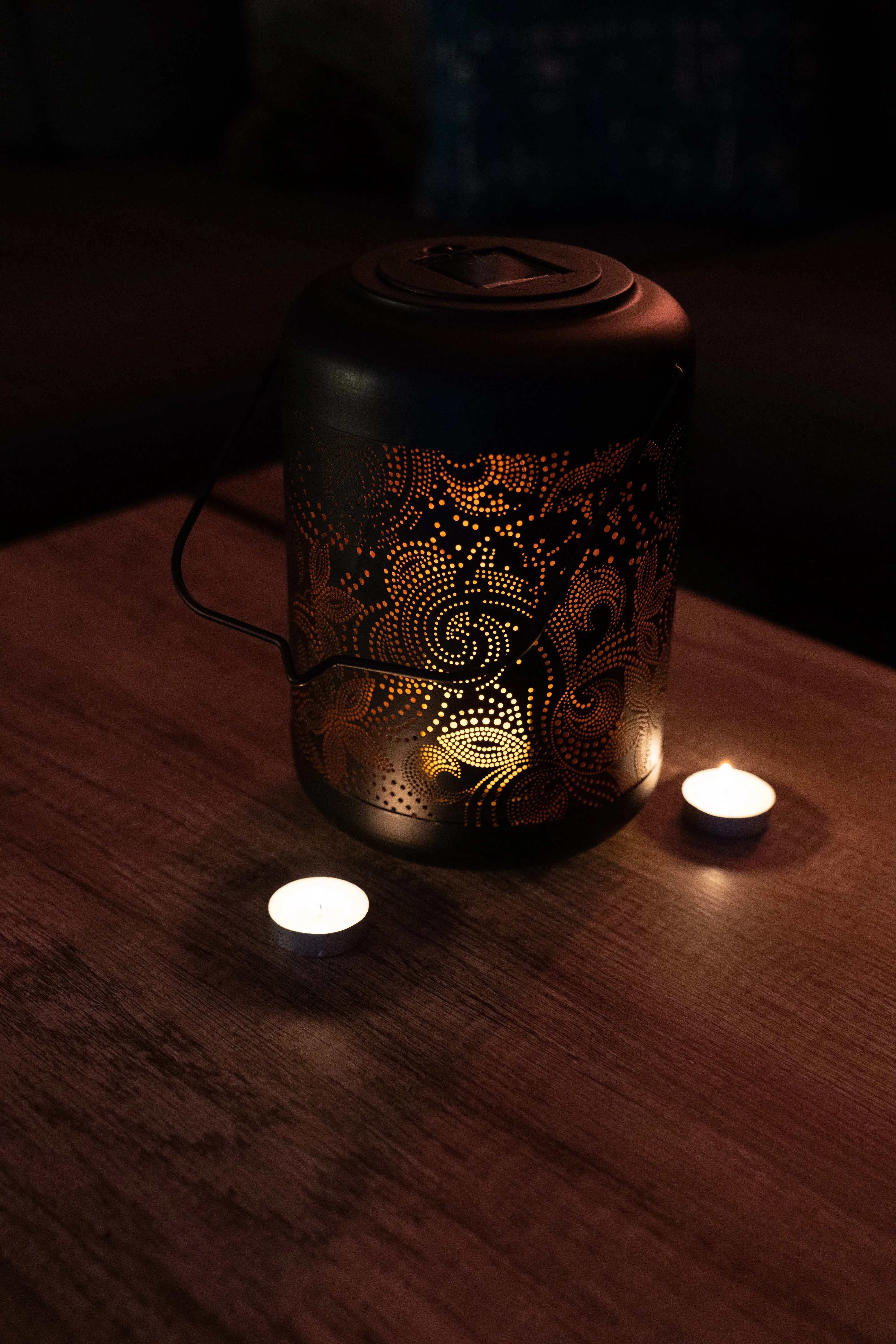 Solar Metal Lantern Light-9 inch Black and Orange Flower