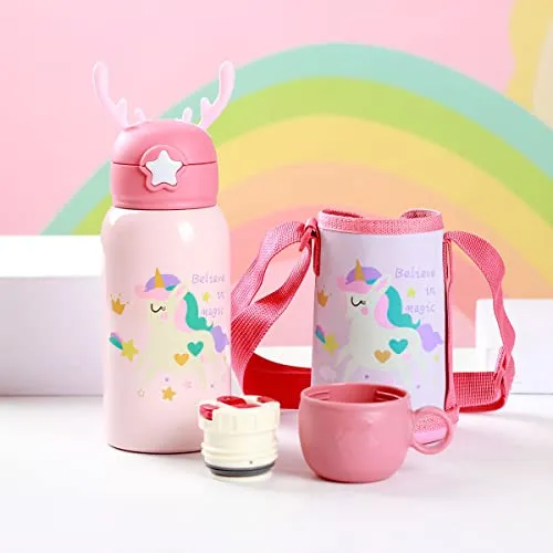 Star Work Sipper Water Bottle for Kids | Bottle Holder Bag with Carry Strip to Hang | Two Caps | Stainless Steel | Vacuum Insulated Double Walled Themo Flask Hot and Cold Water (Baby Pink)