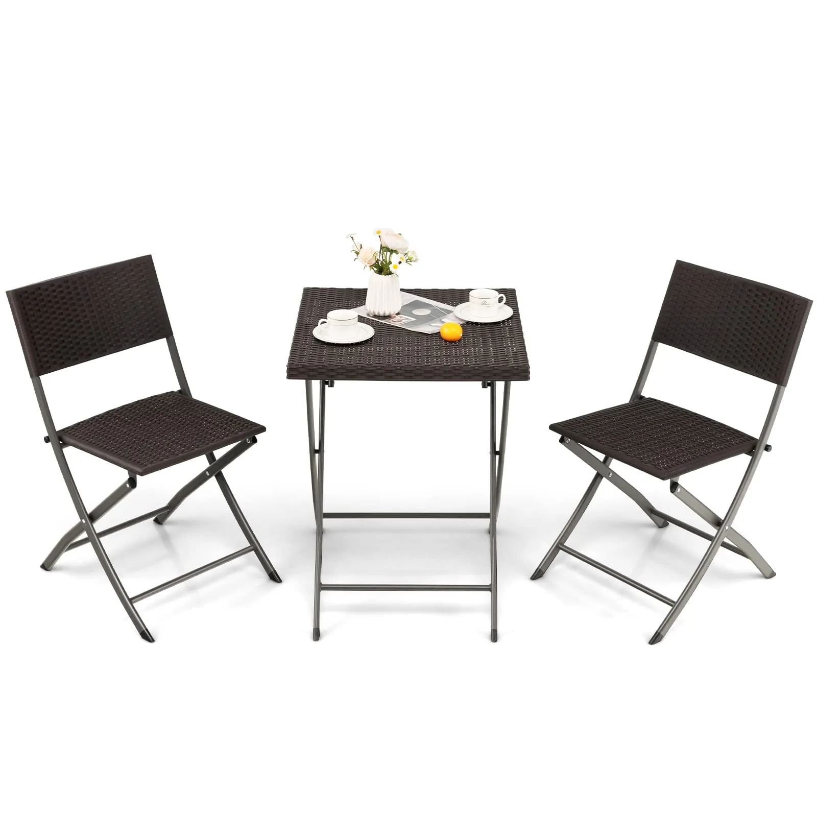 Tangkula 3 Piece Patio Bistro Set, Folding Wicker Chairs & Table Set