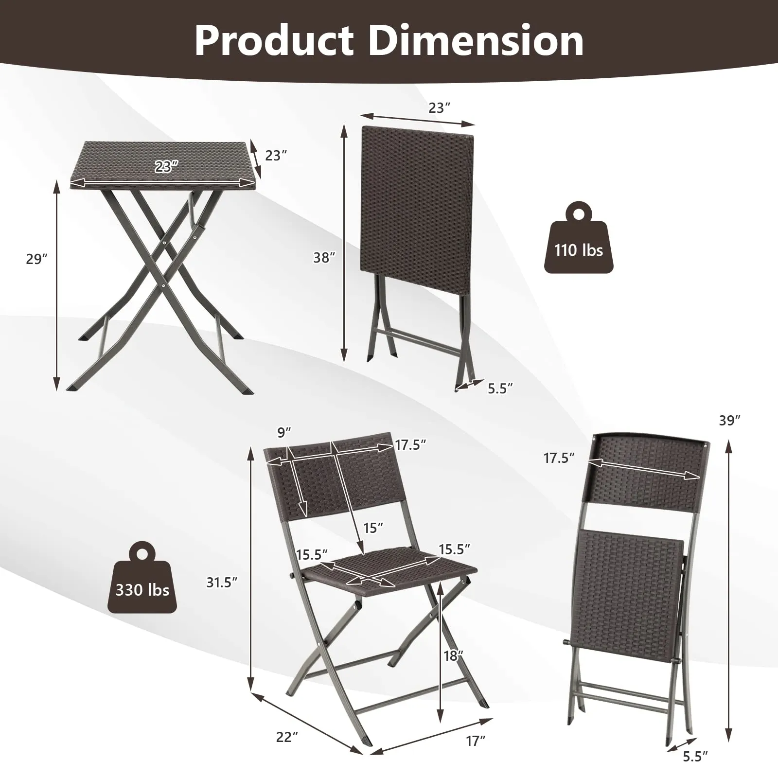 Tangkula 3 Piece Patio Bistro Set, Folding Wicker Chairs & Table Set