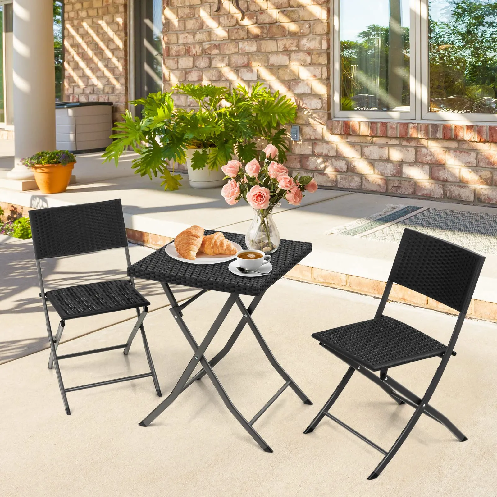 Tangkula 3 Piece Patio Bistro Set, Folding Wicker Chairs & Table Set