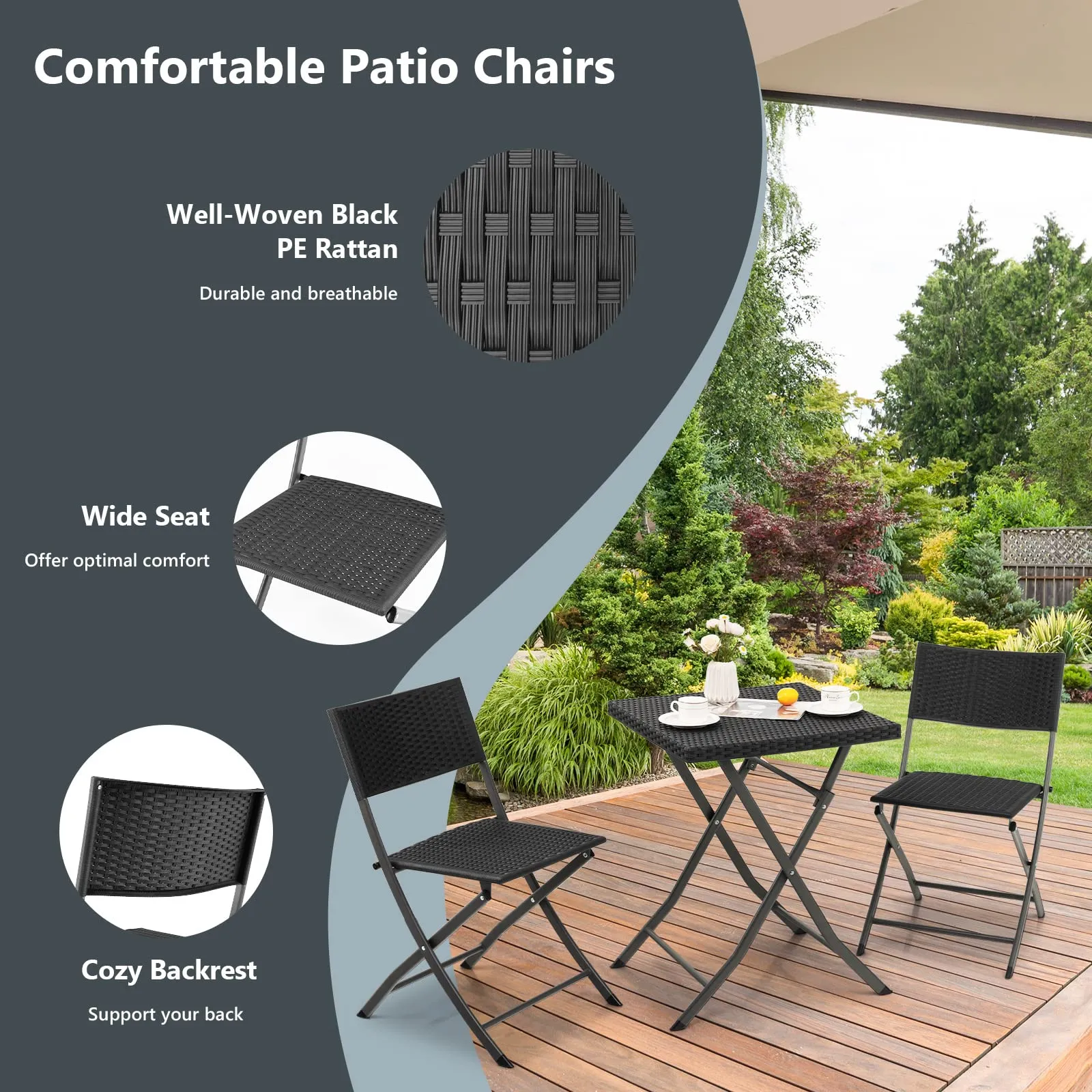 Tangkula 3 Piece Patio Bistro Set, Folding Wicker Chairs & Table Set