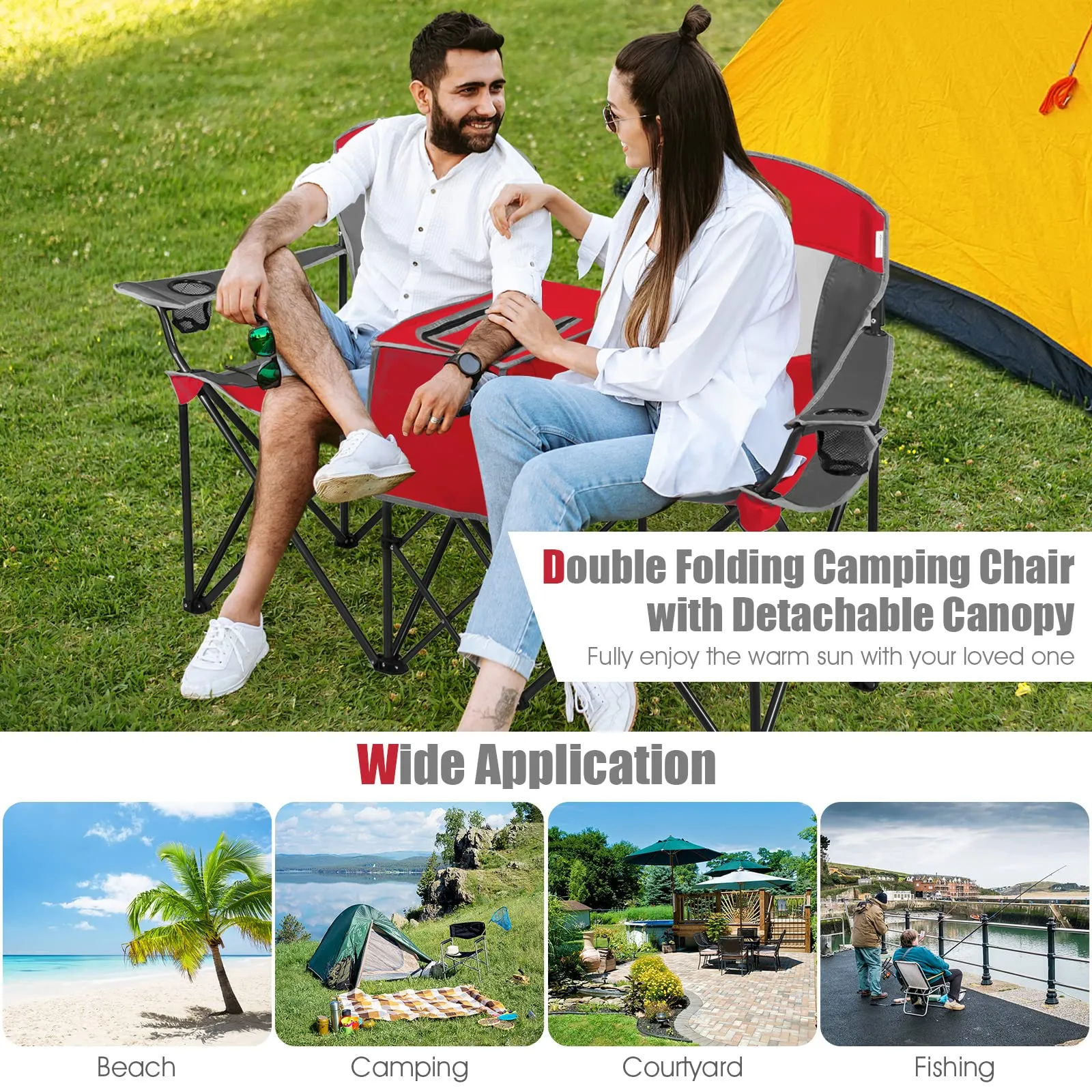 Tangkula Loveseat Camping Chair with Adjustable Shade Canopy