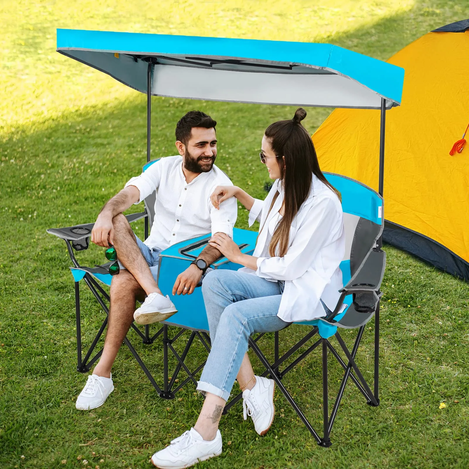 Tangkula Loveseat Camping Chair with Adjustable Shade Canopy