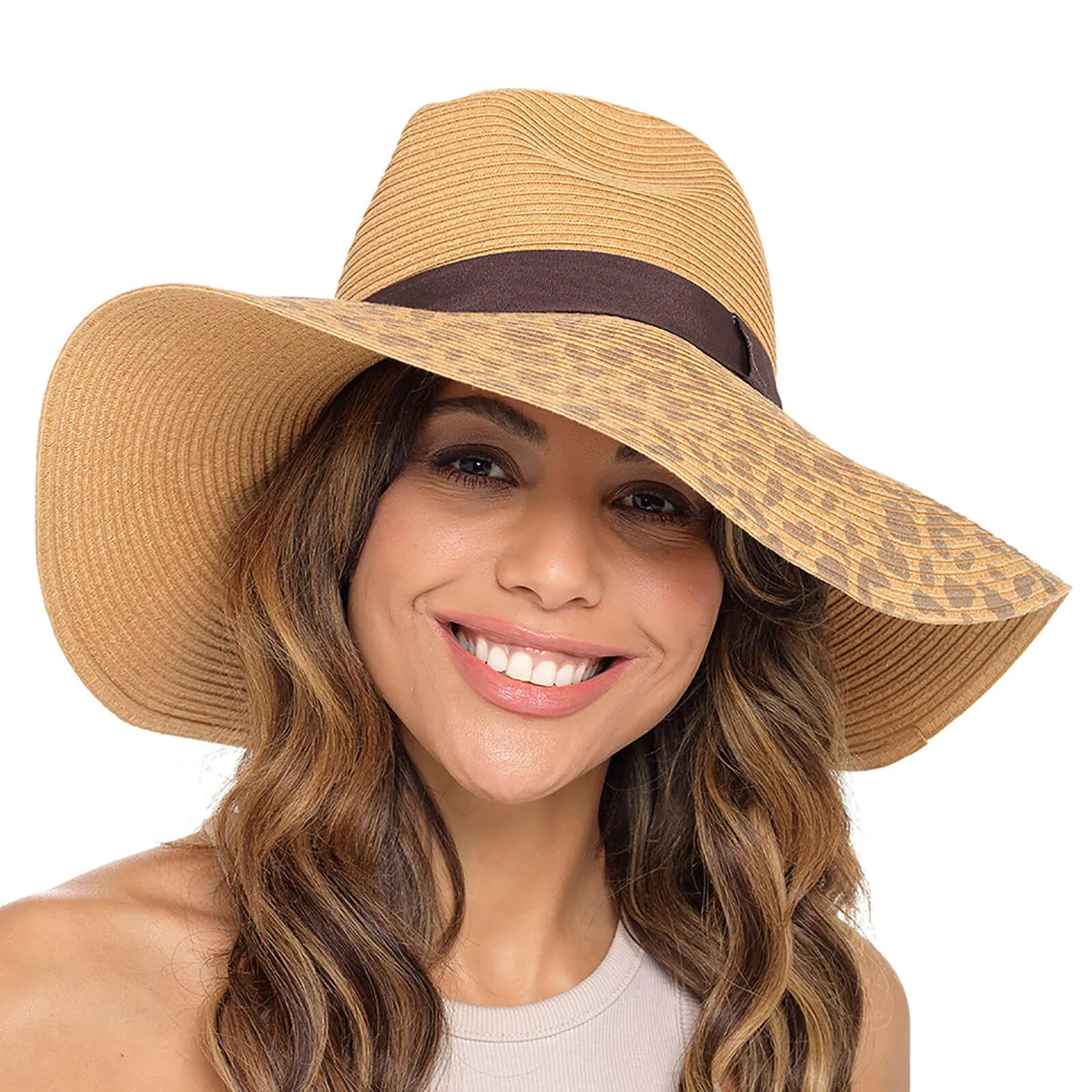 Womens Leopard Print Tan Straw Hat Wide Brim Summer Sun Holiday